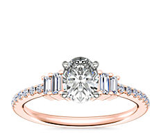 Petite Baguette and Pavé Diamond Engagement Ring in 14k Rose Gold 